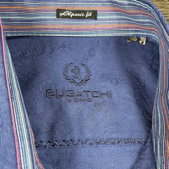 Bugatchi Uomo Button Down Shirt Mens XL Blue Paisley Luxury Office Datenight - Picture 6 of 12